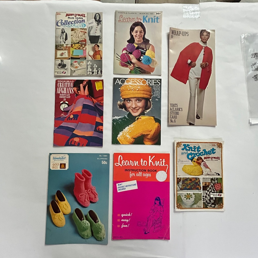 Vintage Knitting Crochet Pattern Book Lot 8ct 60s 70s Retro MCM Boho Grannycore